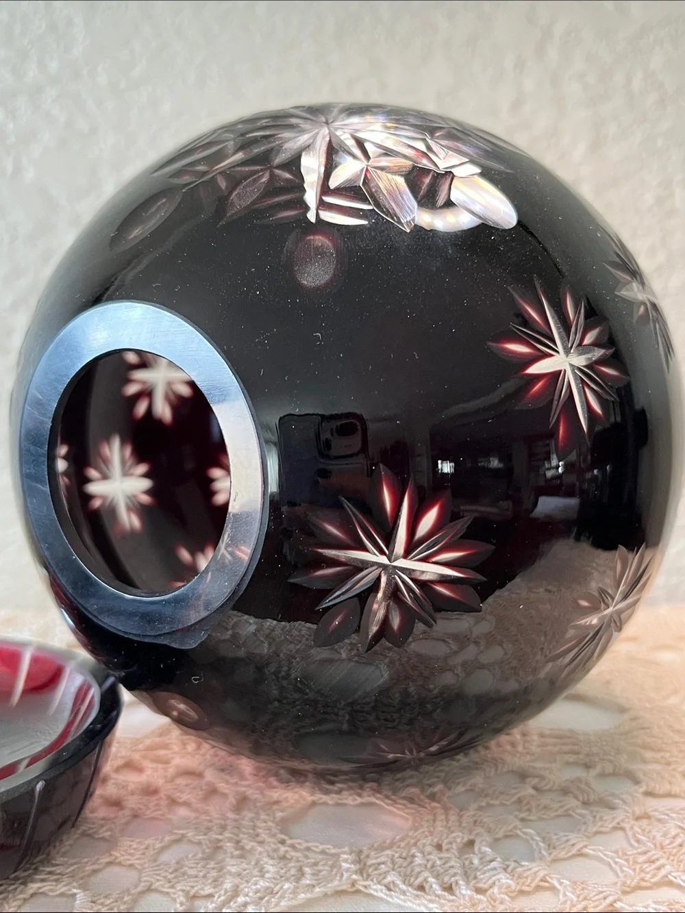 Bohemian Czech Ruby Cut to Clear Crystal Covered Globe Candle Holder 5”